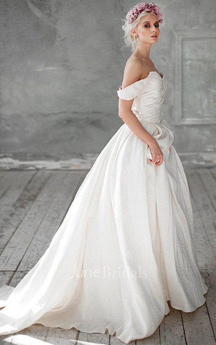 Off Shoulder A Line Taffeta Wedding Dress With Ruching and Beading