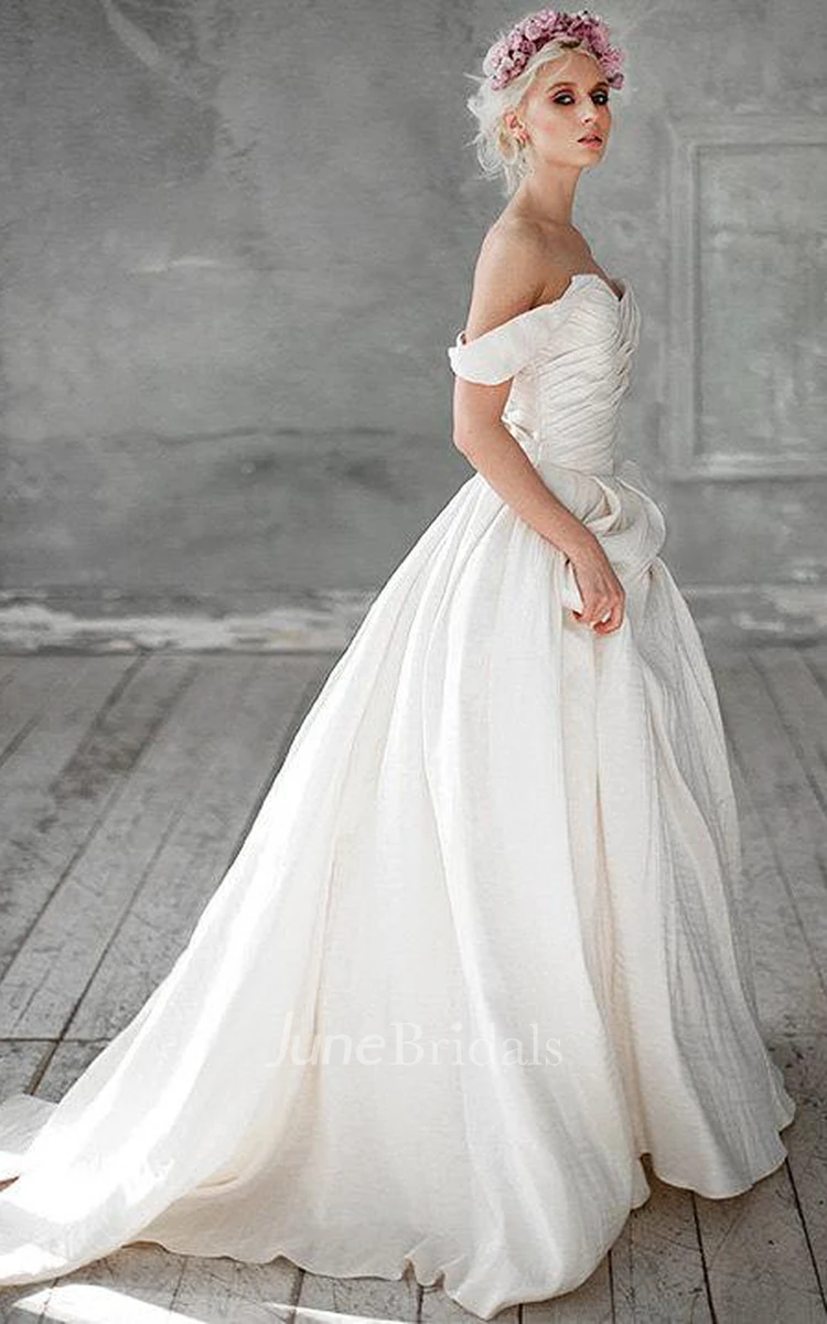 Off-Shoulder A-Line Taffeta Wedding Dress With Ruching and Beading