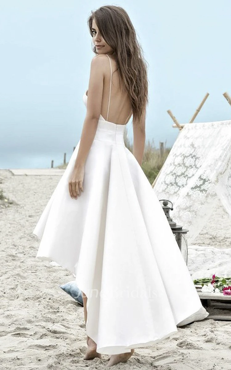 Simple High-low Spaghetti Straps Beach Wedding Dress With Ruching