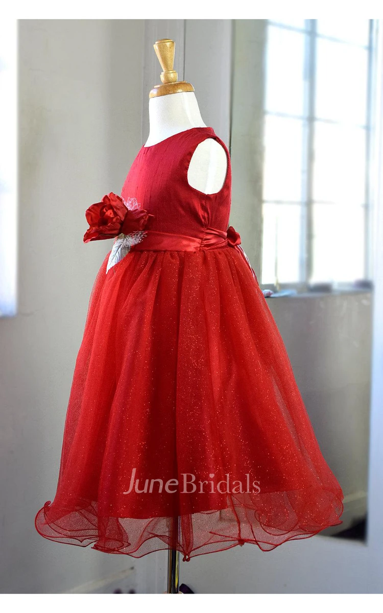 Satin Bodice Ruffled Tulle Layer Dress With Flower