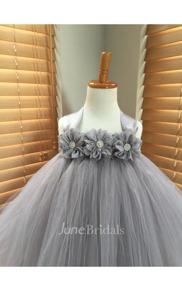 Gray Chiffon Ballerina Rhinestone Flower Lace Strap Tulle Tutu Dress