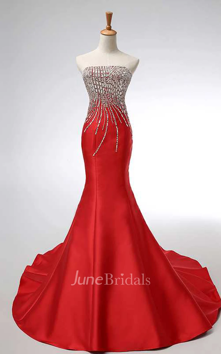 Strapless Beaded Bodice Mermaid Pleated Satin Gown 