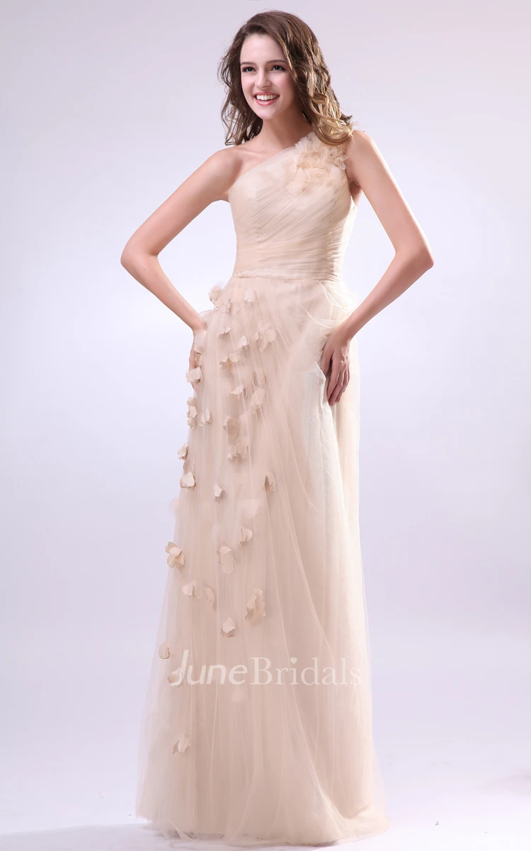Pleated Asymmetrical One-Shoulder Dress With Soft Tulle And Flower