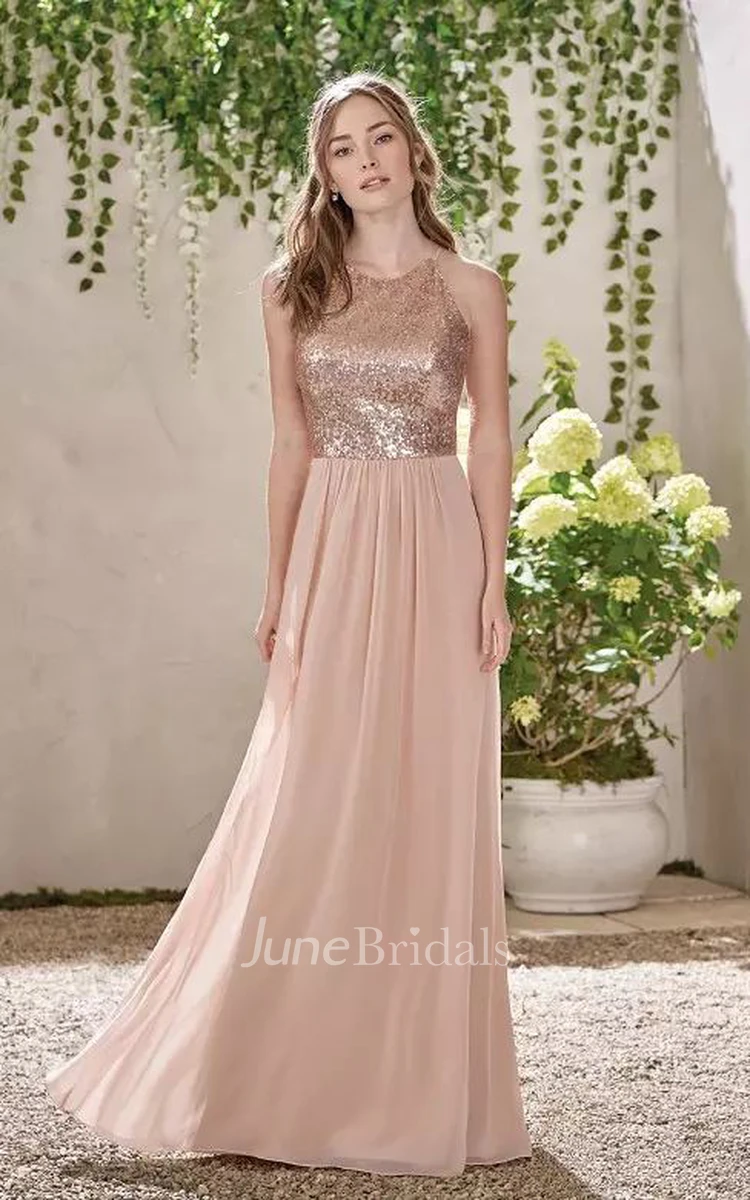 A-line Halter V-neck Sleeveless Floor-length Chiffon Sequins Bridesmaid Dress with Ruching