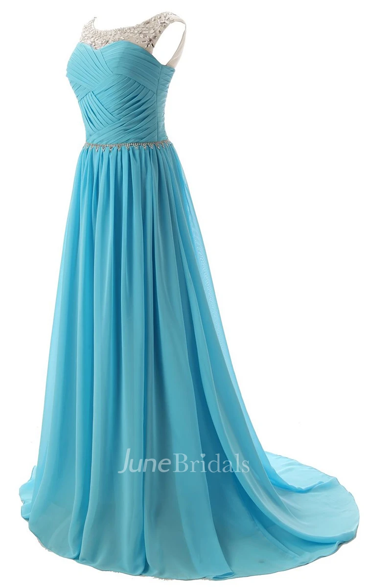 Bateau Neck Ruched Chiffon A-line Gown With Rhinestones
