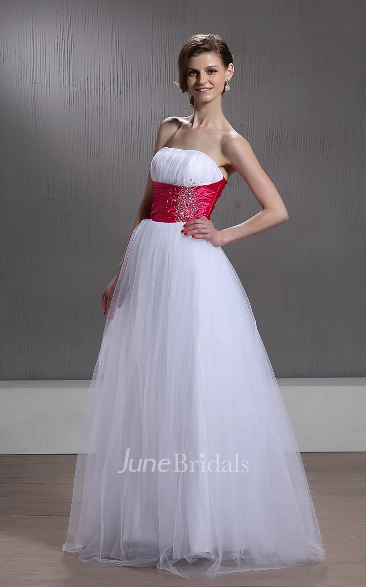 Strapless Tulle A-Line Dress With Beading and Ruched Waist