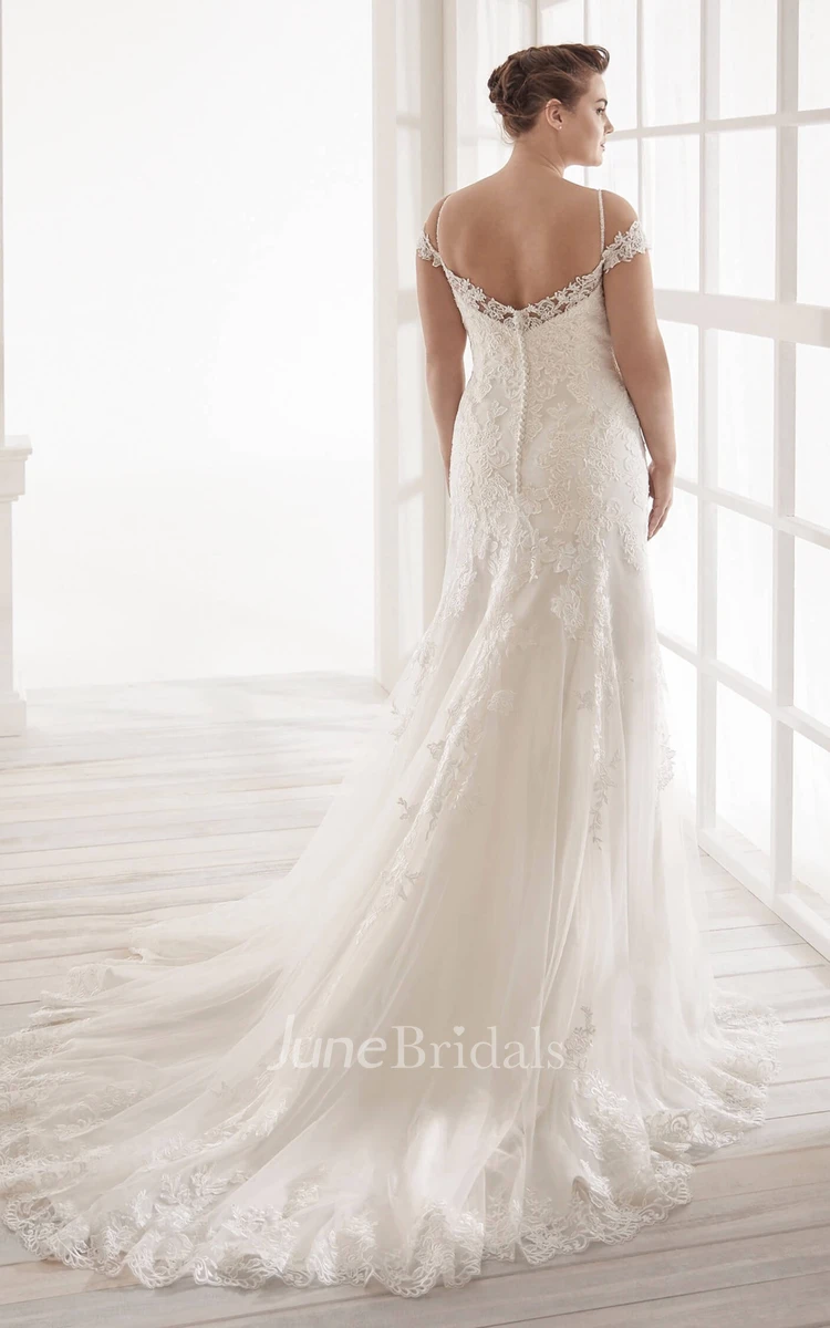 Lace Off-the-shoulder Sexy Trumpt Bridal Gown With Straps And Buttons V-back