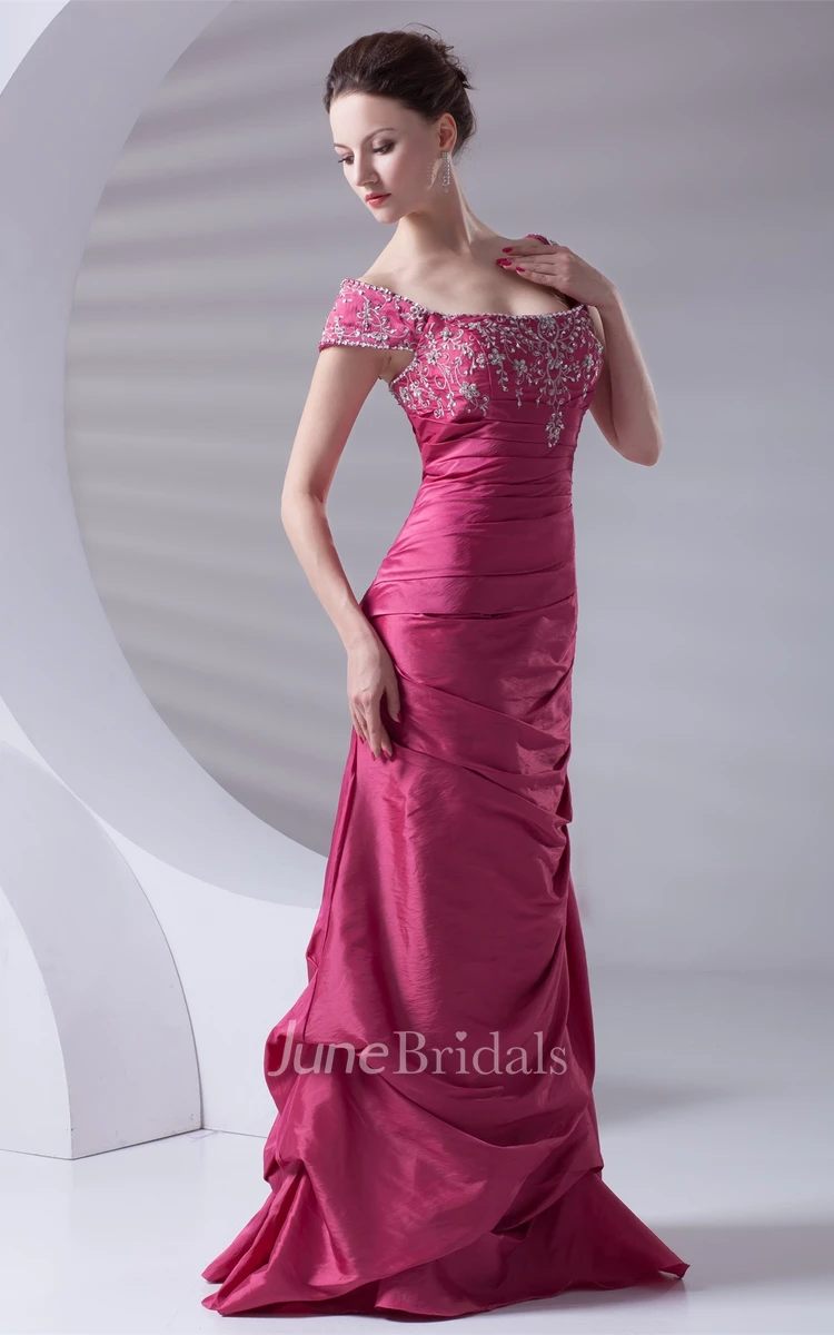 Caped-Sleeve Taffeta Pick-Up A-Line Gown with Embroideries