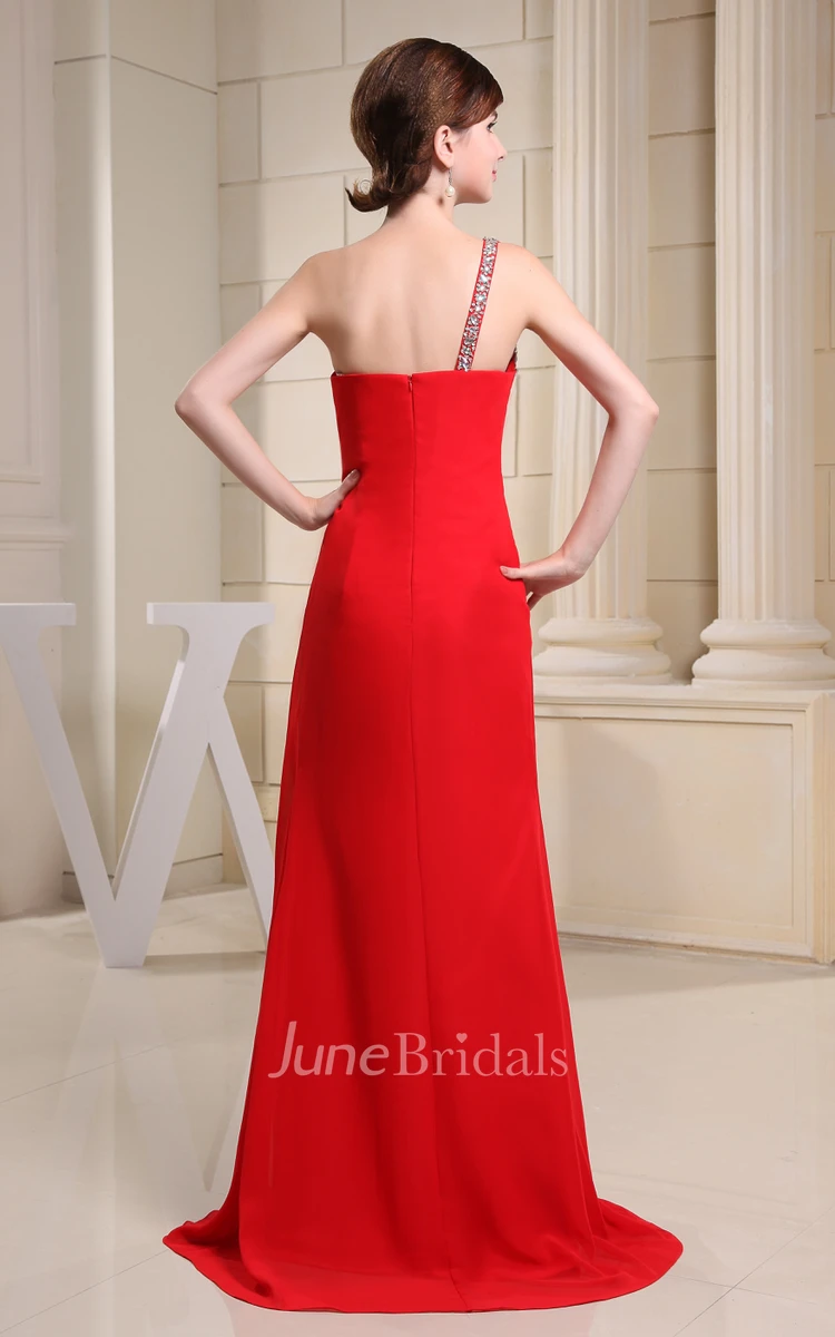 One-Shoulder Front-Split Chiffon Dress With Beading