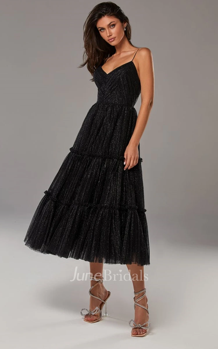 A Line Spaghetti Neck Sleeveless Tulle Tea-length Prom Dress