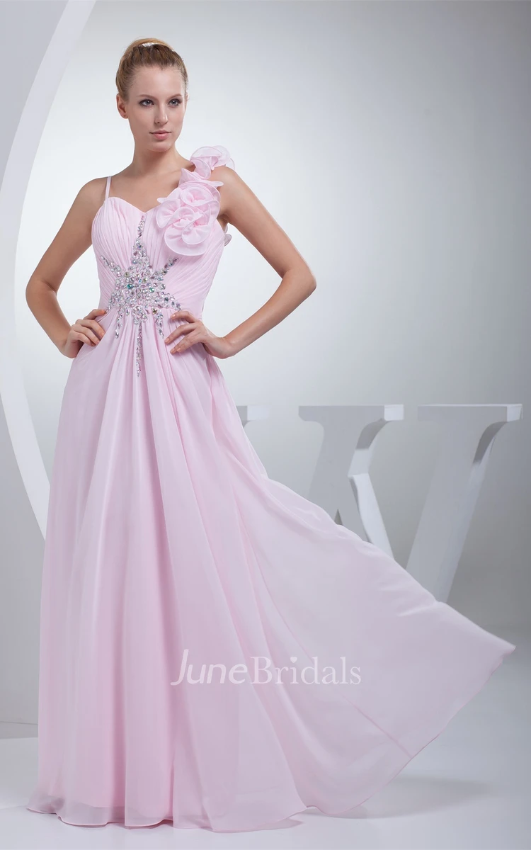 Spaghetti-Straps Ruched Floor-Length Dress with Beading and Floral Embellishment
