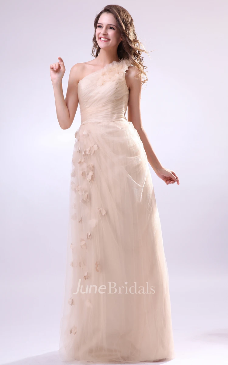 Pleated Asymmetrical One-Shoulder Dress With Soft Tulle And Flower