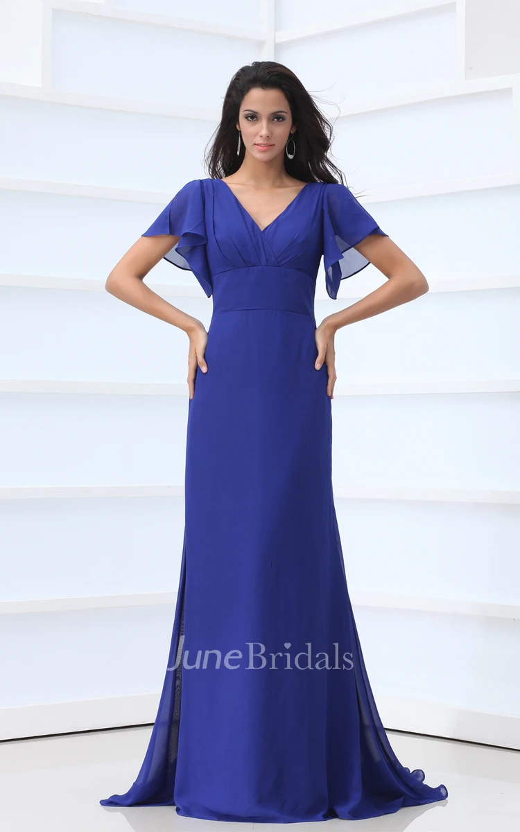 Maxi Ethereal Chiffon Pleated V-Neck Dress With Bell-Sleeve