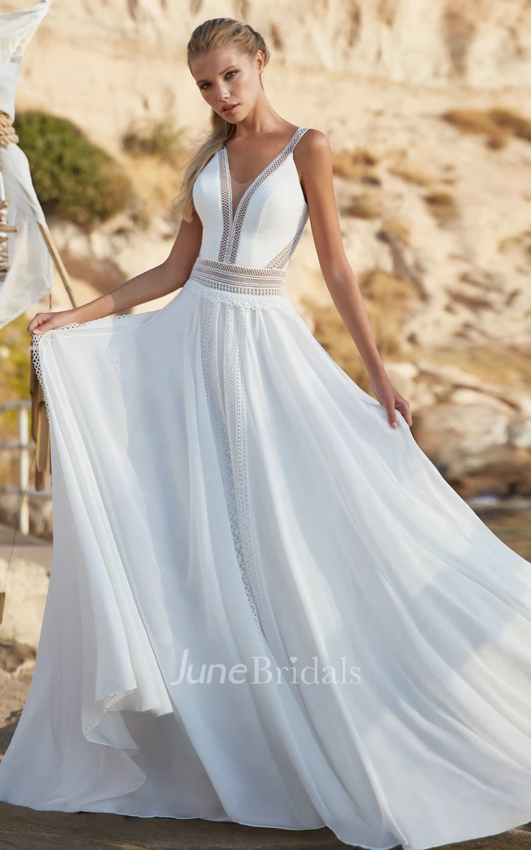 Casual V-neck A-Line V-neck Chiffon Lace Wedding Dress With Open Back And Flowers