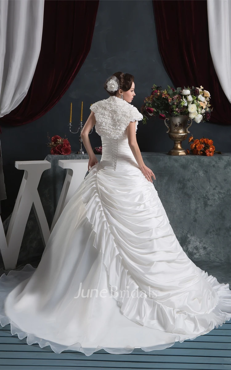 Strapless Side-Ruched Ball Gown with Broach and Flower