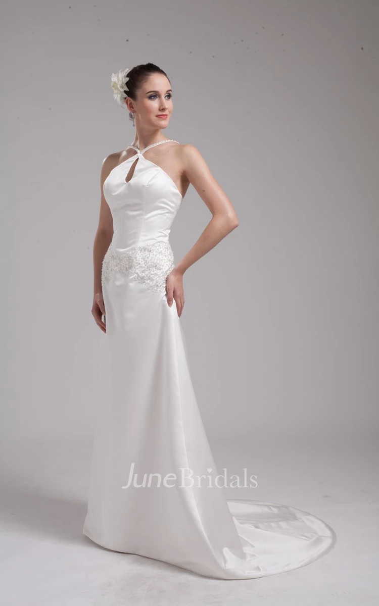 Noble Sleeveless Satin A-Line Dress With Beading and Halter