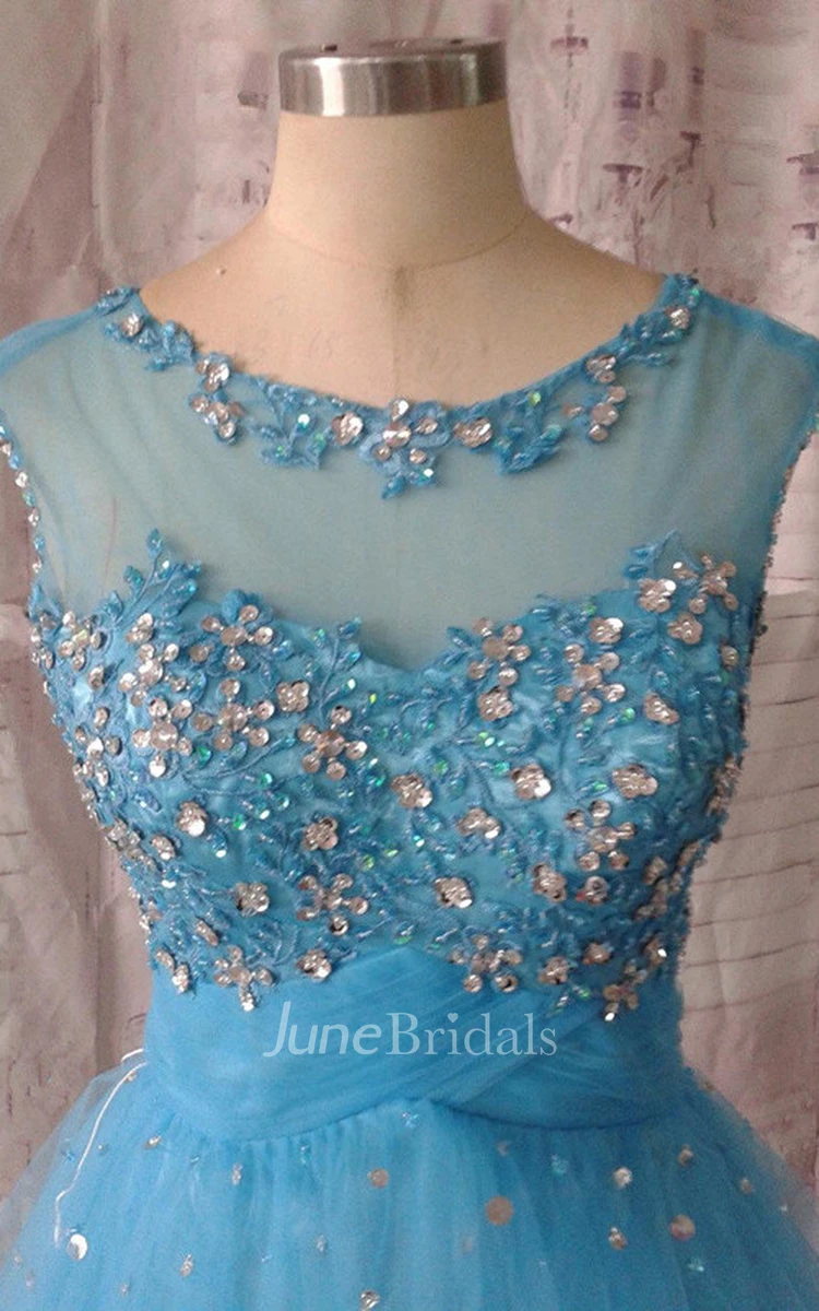 Mini Scoop Illusion Beckline Dress With Beading And Appliques