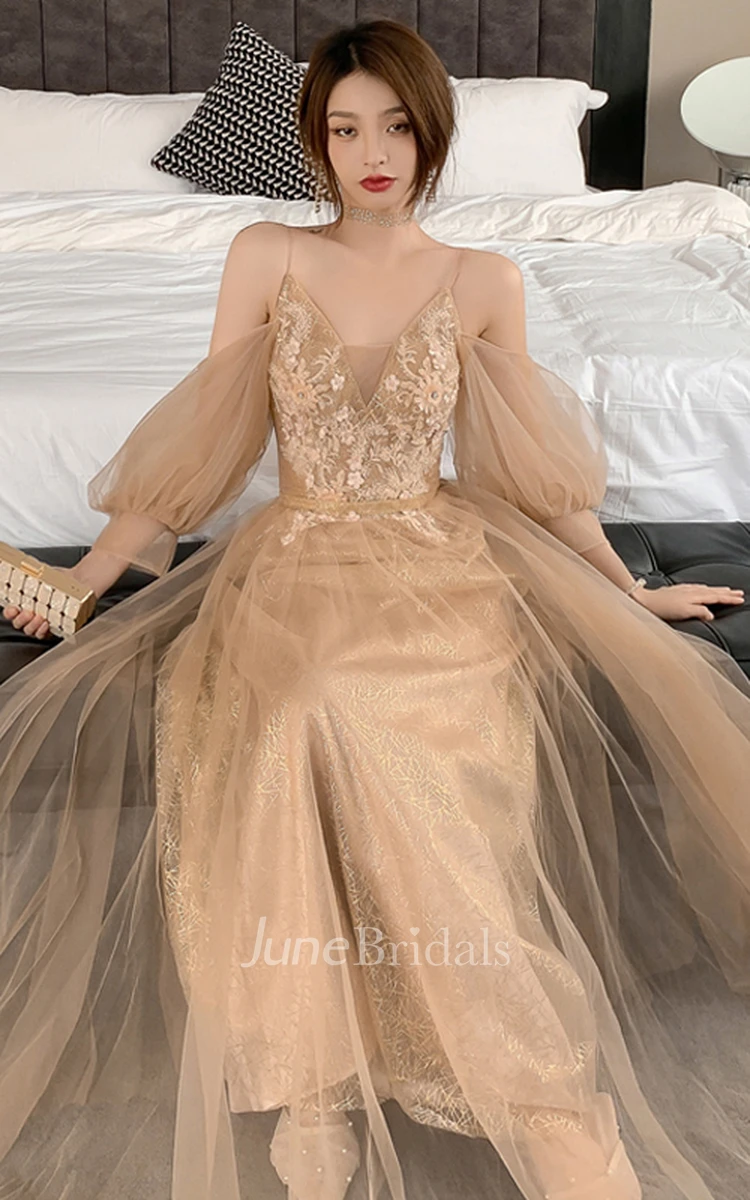 Vintage Tulle High Neck Off-the-shoulder A Line Prom Dress With Appliques and Beading