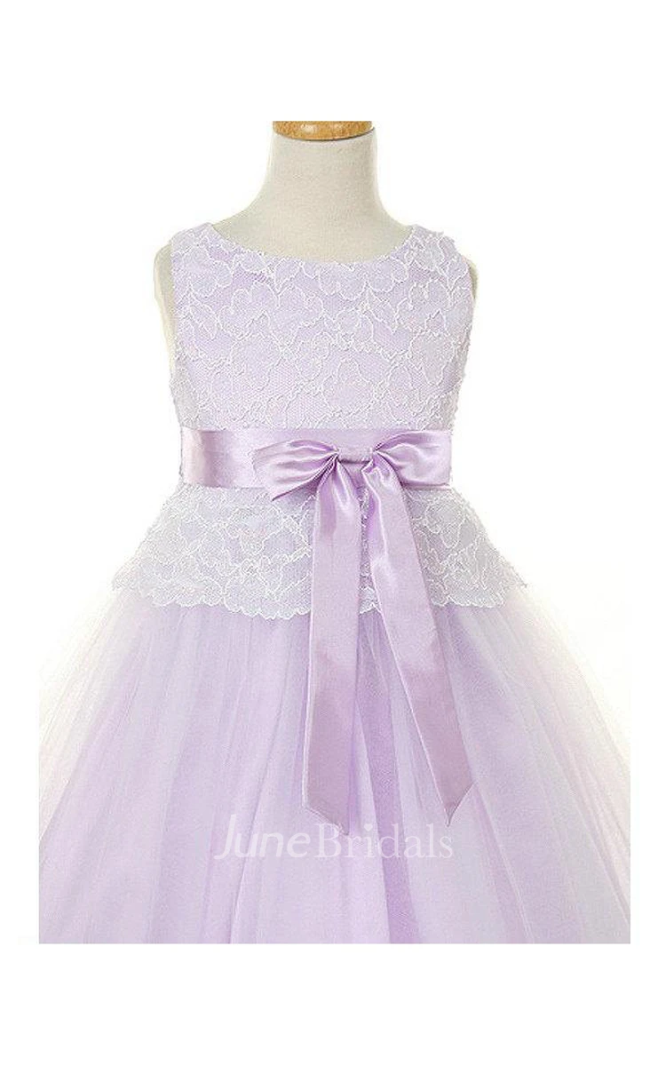 Sleeveless Scoop Neck Lace Bodice With Double Layered Skirt and Bow
