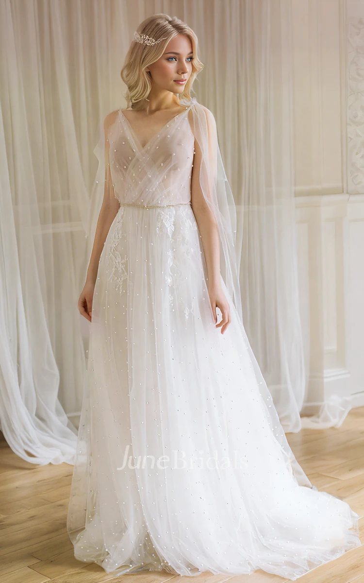 Fairy Flowy Ethereal A Line Boho Pearl Wedding Dress Beach Modest Cross Neckline Low V Back Sweep Train Sleeveless Bow Shoulder Strap Tulle Bridal