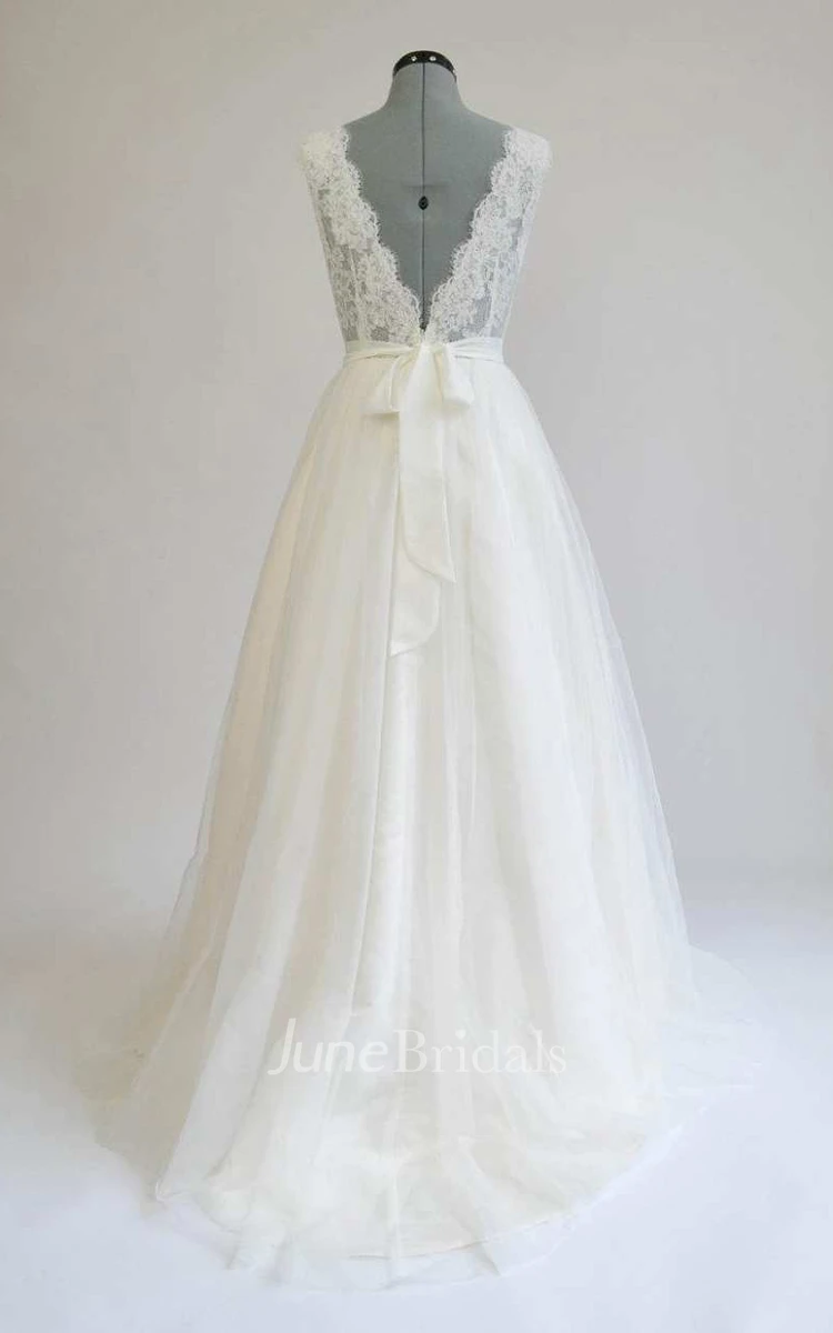 Tulle Satin Lace Low-V Back Wedding Dress