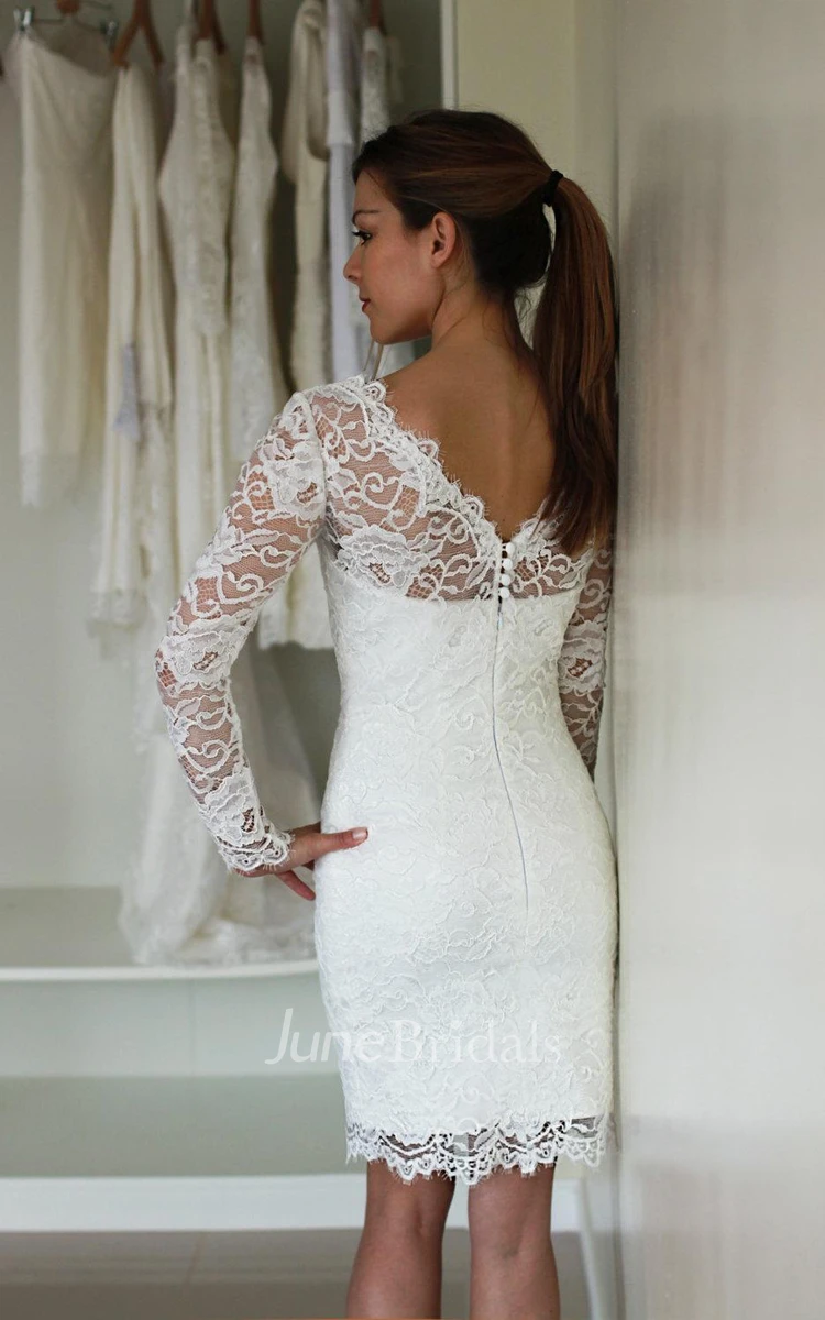 Fall Short Boho Sleeved Lace Mini Wedding Dress Vintage Illusion Neckline  Sheath Bridal Gown with V-Back - June Bridals