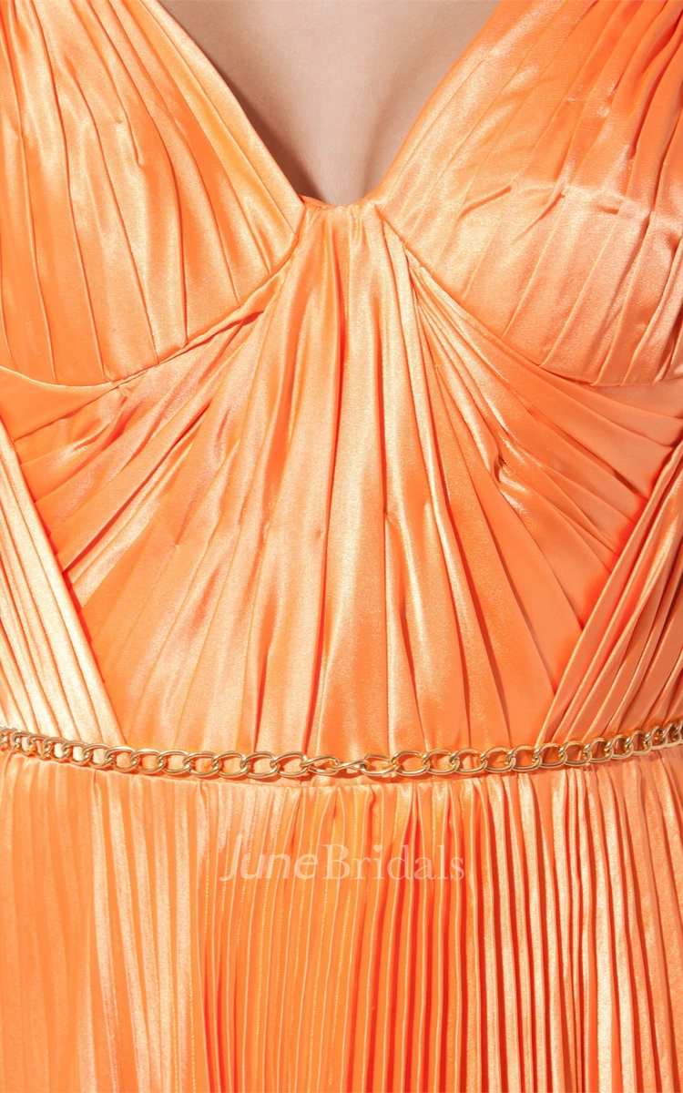Plunged A-Line Pleated Gown with Spaghetti-Straps
