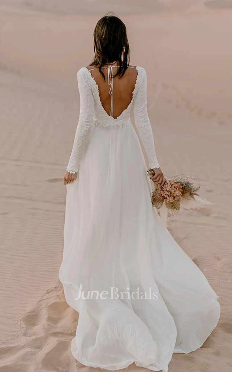 Bohemian Chiffon Lace V-neck A Line Long Sleeve Wedding Dress with Deep-V Back 