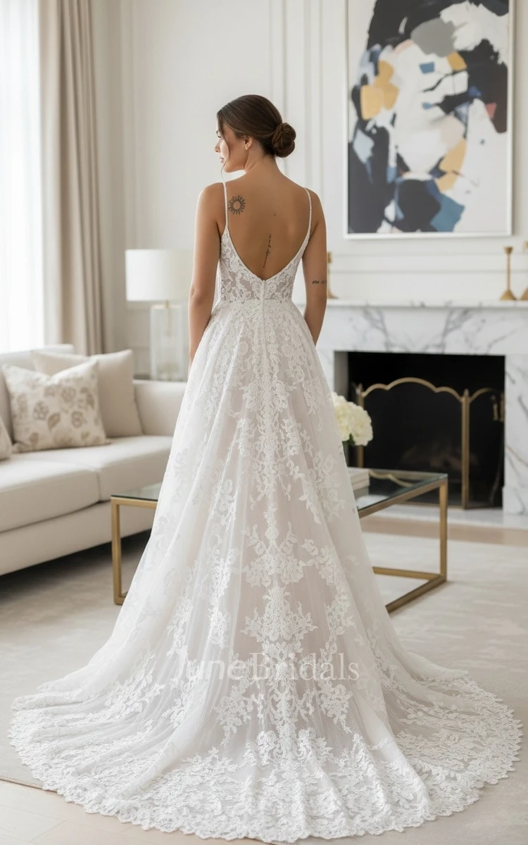 Beach Lace A-Line Wedding Dress Boho V-Neck Spaghetti Gown with Slit