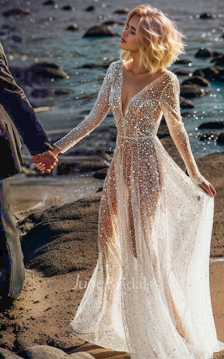 Sexy Sparkly A-Line Boho Long Sleeve Sequin Wedding Dress Modern Beach V-Neck See Through Floor Bridal Gown