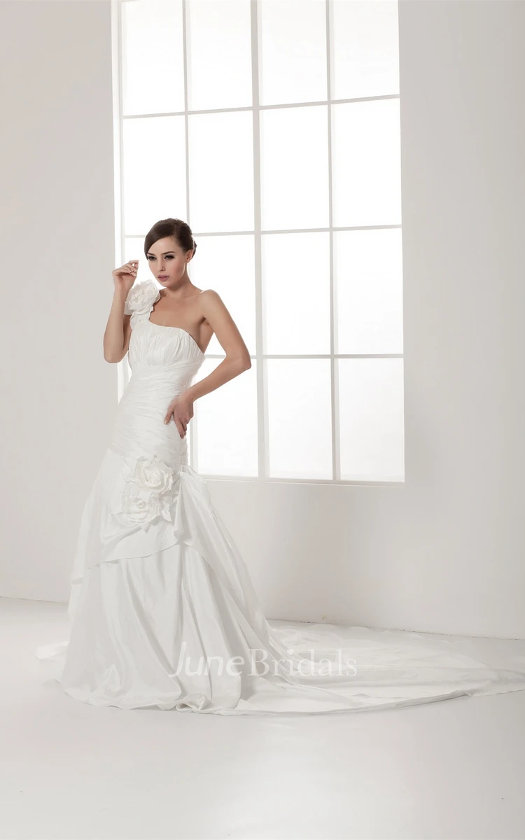 One-Shoulder Ruched A-Line Gown with Flower and Single Strap