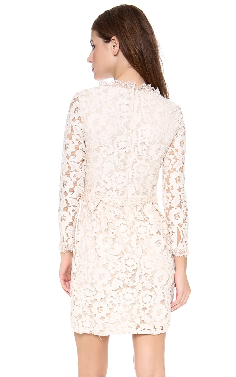 High Neckline Sheath Lace Short Dress With Long Sleeves