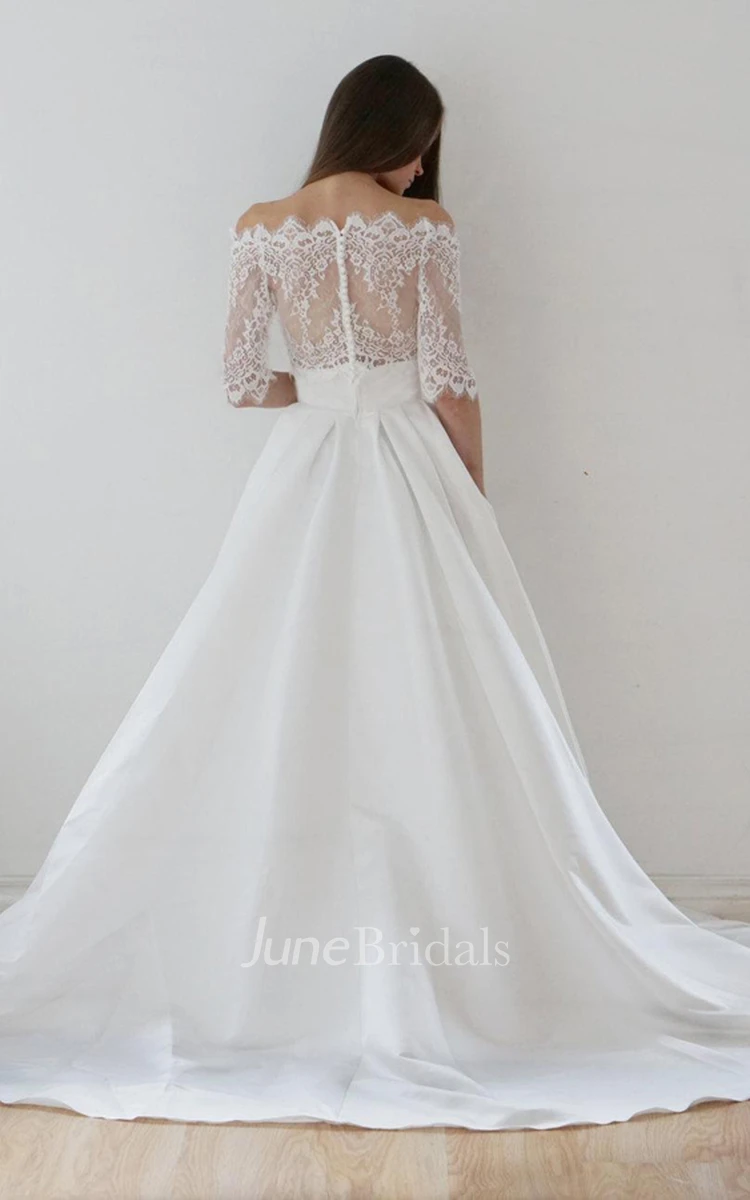 Off-The-Shoulder Lace A-Line Satin Two-Piece Wedding Dress With Sweep Train