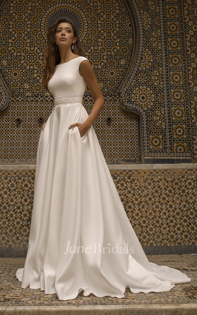 Modest Simple A-Line Cap Sleeve Wedding Dress Satin Casual Elegant