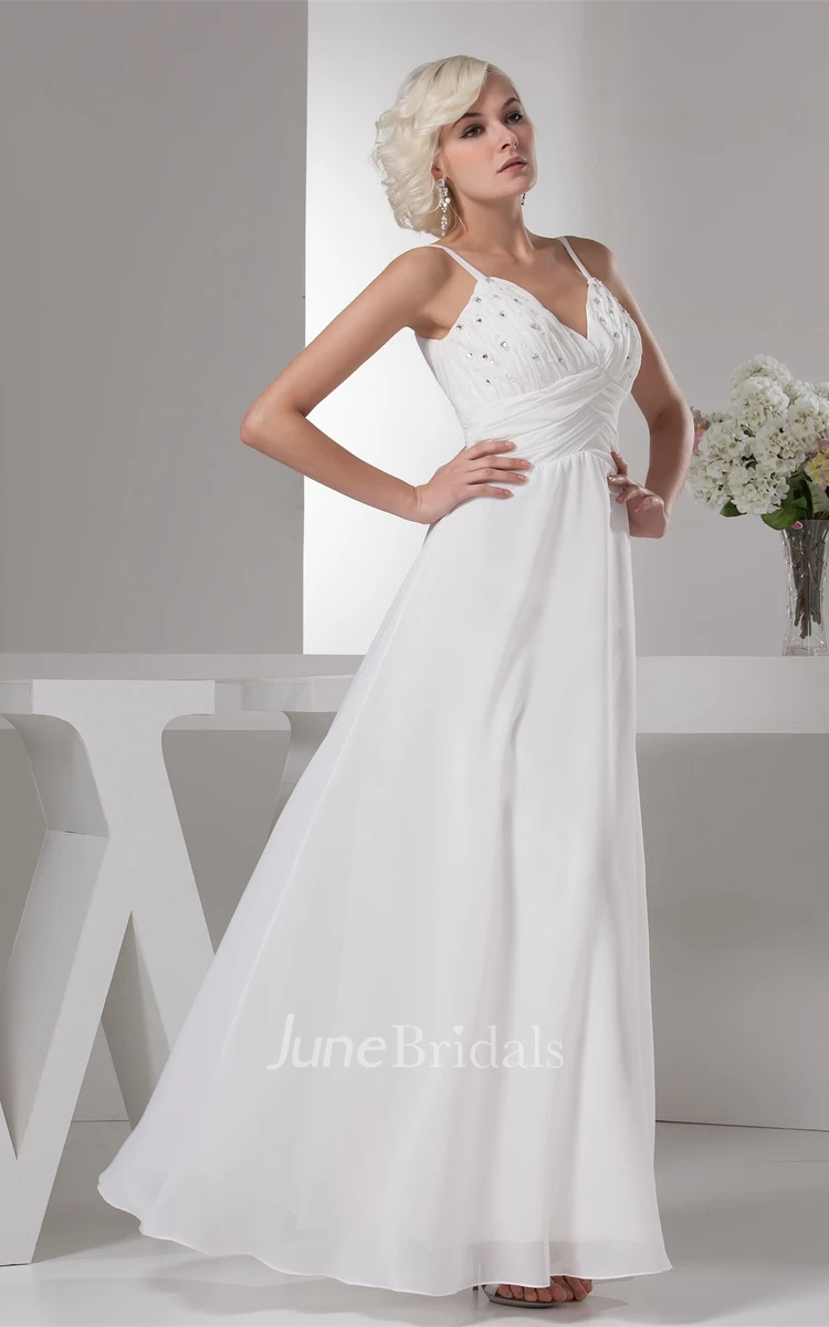 Spaghetti-Strap Ankle-Length Chiffon Dress with Beading and Ruching