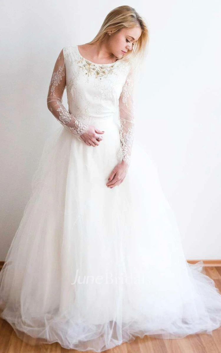 Bateau Illusion Long Sleeve Lace Tulle A-Line Wedding Dress
