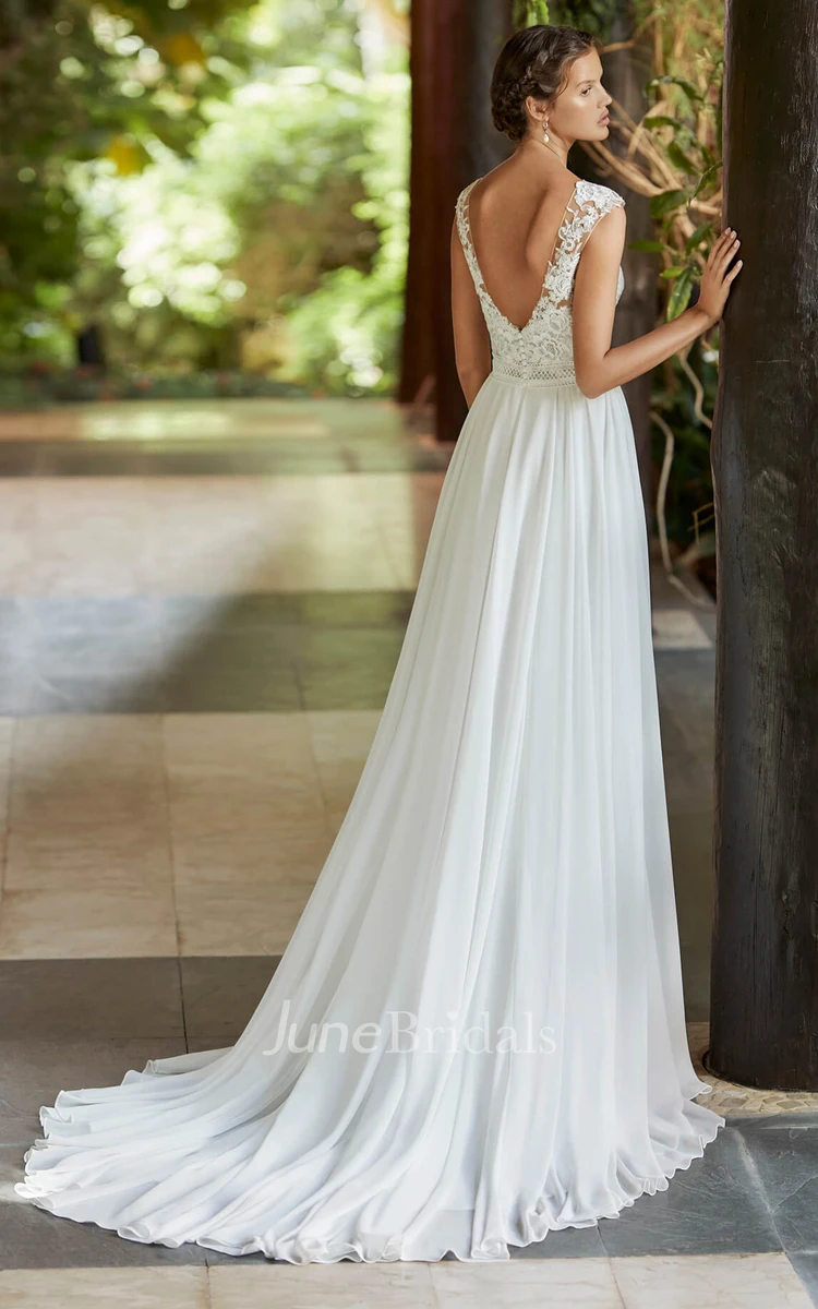 Ethereal Cap Sleeve And Court Train Lace Chiffon Wedding Dress With Deep V-back