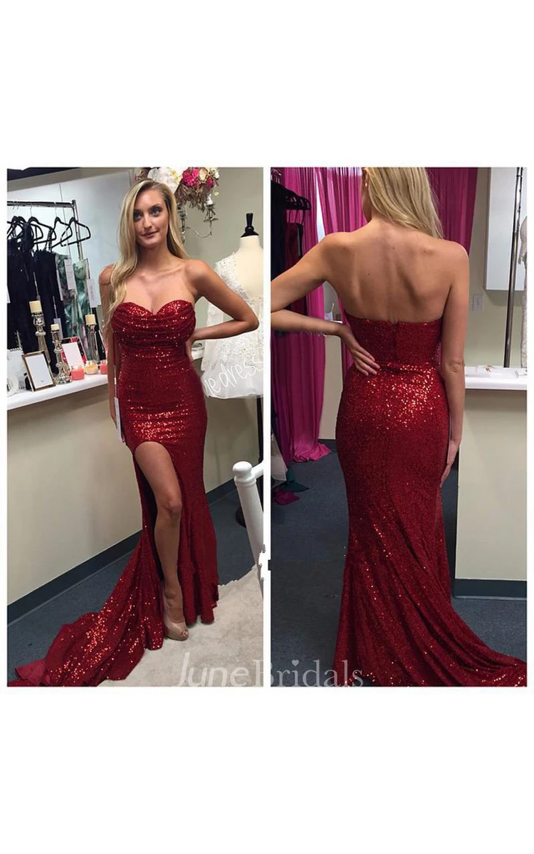 Sexy Red Sequins Prom Dresses Split Mermaid Zipper Back