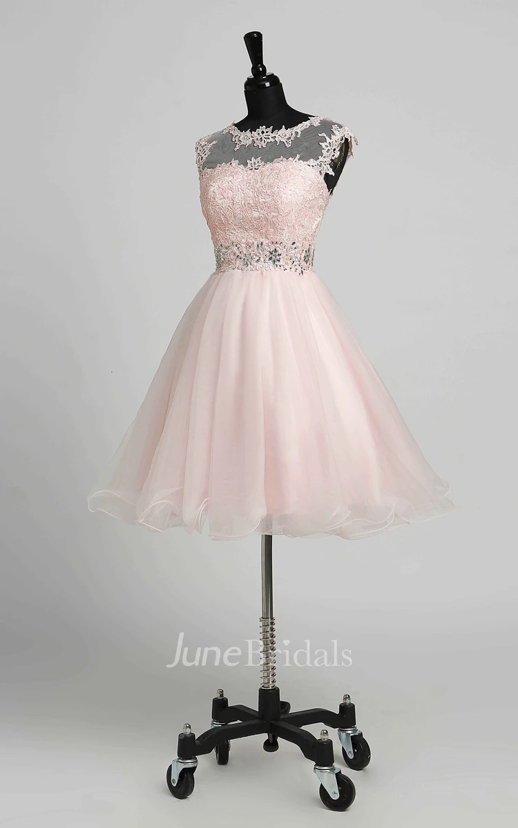 A-Line Scoop Lace Adorable Short Mini Sleeveless Illusion Dress with Appliques Lace Sequins
