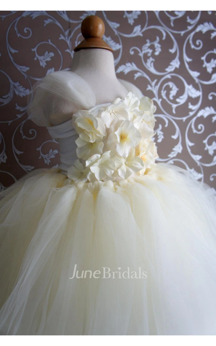Flower Top Cap Sleeve Pleated Tulle Ball Gown Flower Girl Dress