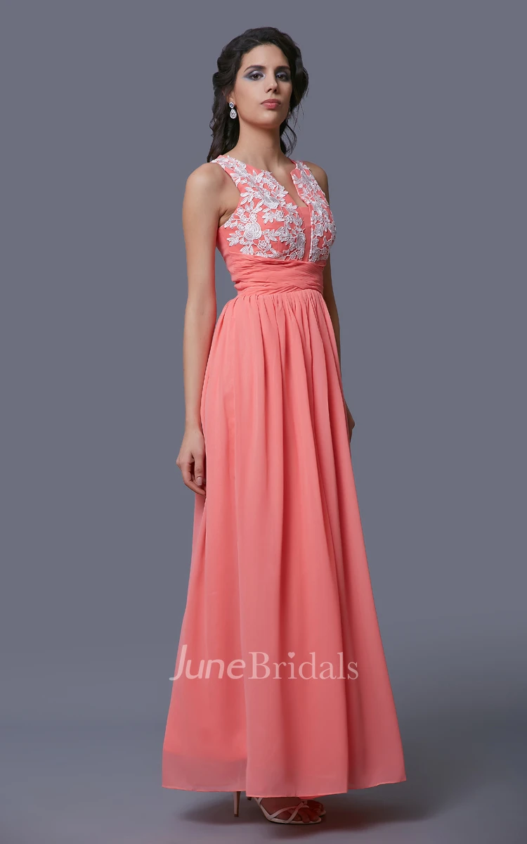 Sleeveless A-Line Chiffon Dress With Lace Appliques and Notched Neck