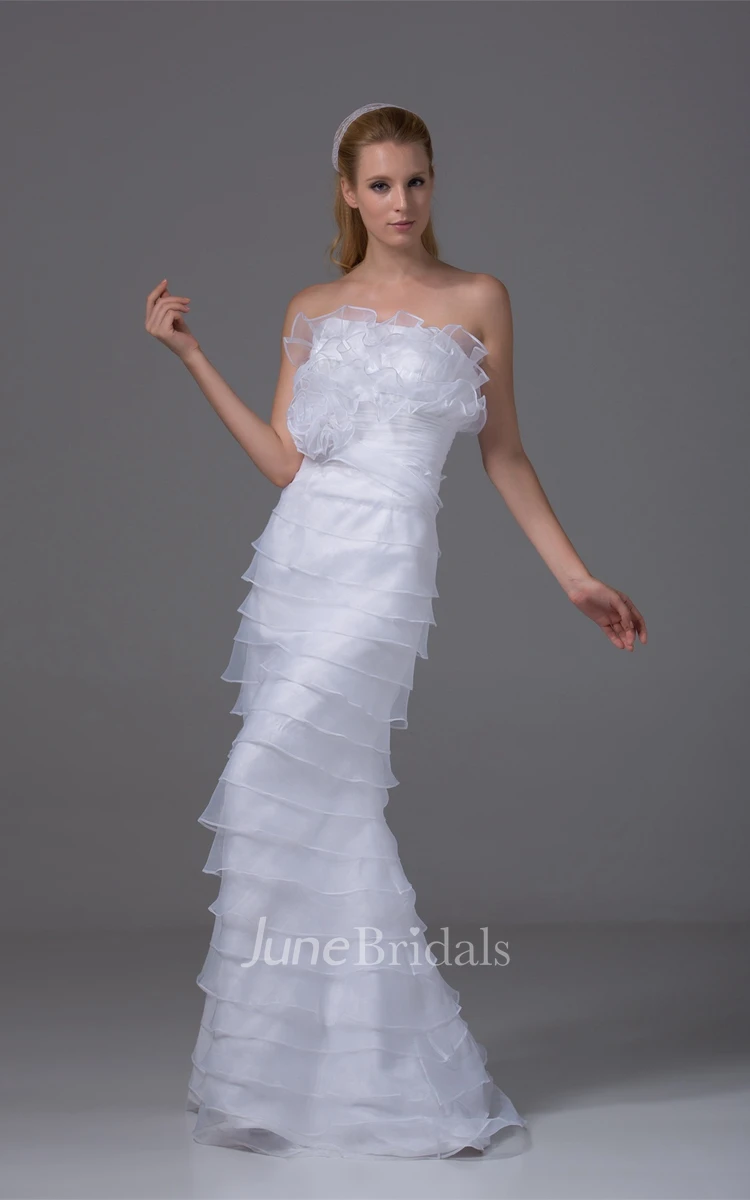 Strapless Ruffled Sheath Dress with Tiers and Flower