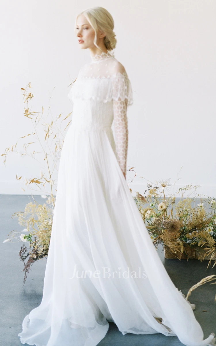 Modest Long Sleeved A-Line High Neck Floor-length Tulle Wedding Dress