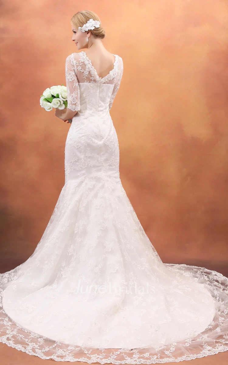 Deep Half-Sleeve Siren V-Neck Gown With Lace Appliques