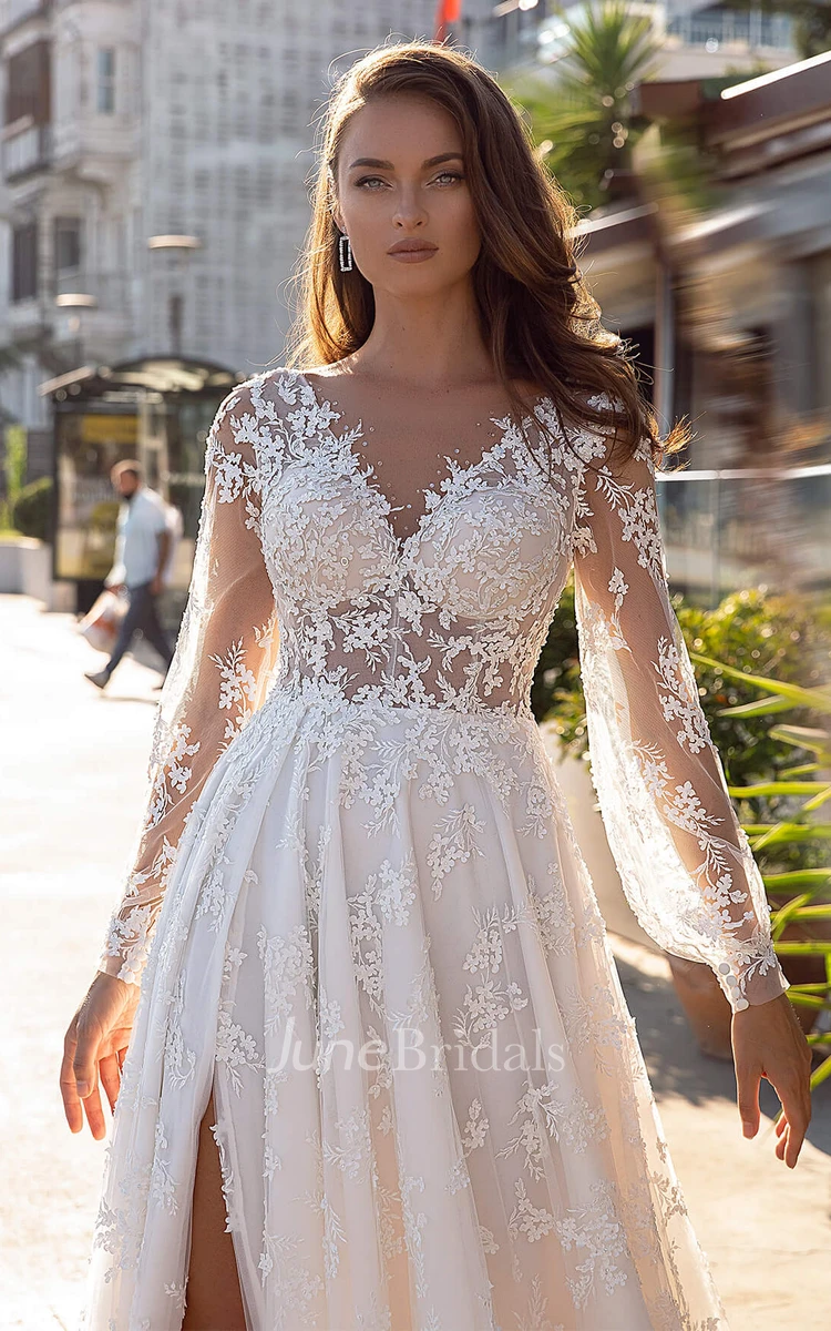 Romantic Lace V-neck A Line Ball Gown Chapel Train Wedding Dress with Split Front
