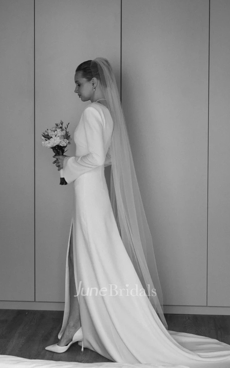 Modern Simple Long Sleeve A-Line Spring Wedding Dress with Slit Modest Elegant Satin Low Back Court Train Bridal Gown