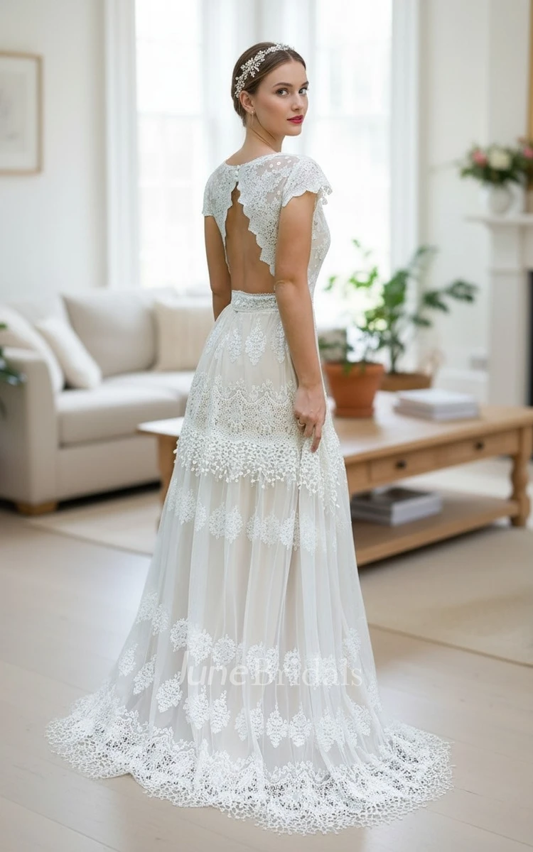 Vintage Lace Boho Beach Wedding Dress with Cap Sleeves Romantic A-Line Country Deep V Neck Bridal Gown with Open-Back