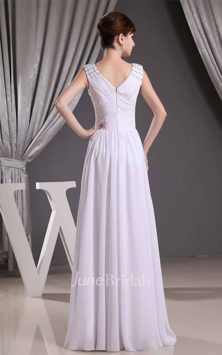 Plunged Caped-Sleeve Criss-Cross Long Dress with Beading and Empire Waist