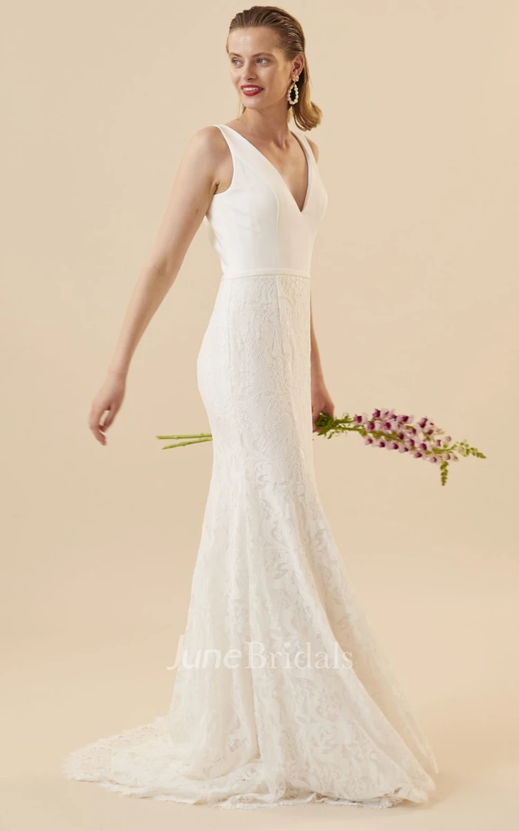 Modern Sheath Floor-length V-neck Sleeveless Lace Wedding Dress 