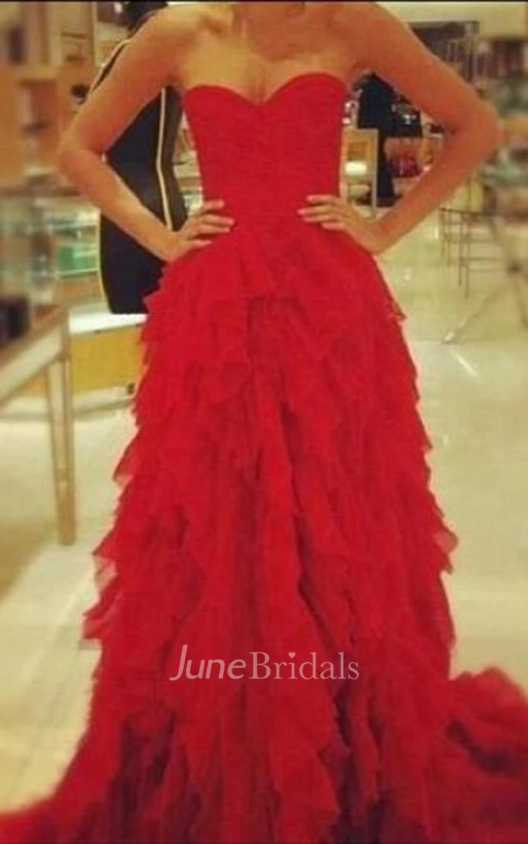 Red Sweetheart Ruffles Evening Party Dress 
